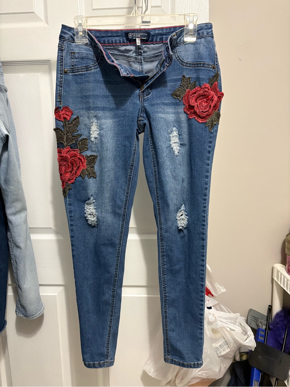 Boom Boom Jeans Blue Skinny Jeans with Red Rose Appliqués